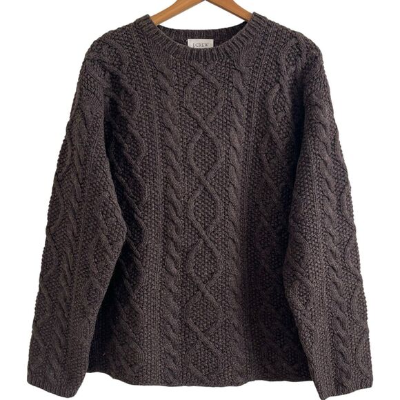 J Crew Handknit Shetland Wool Sweater S Brown Fisherman Cable Knit Chunky Cabin - Picture 1 of 10